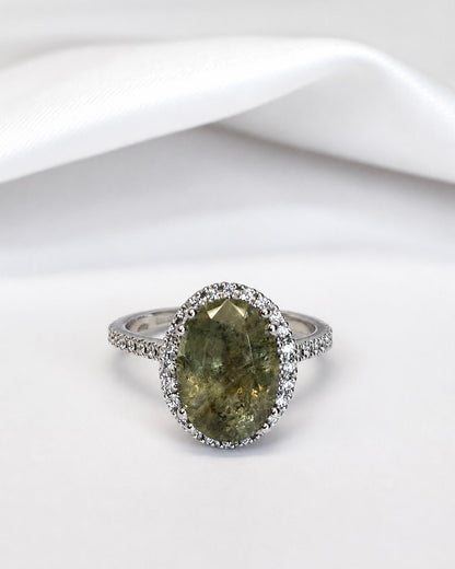 Bague Solitaire Saphir Vert 4.38 carats &amp; Diamants 0.48 carat 4,36g "Lysia" - Elliade Paris