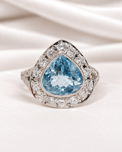 Bague Style Art-Déco Aigue-Marine 3.88 carats &amp; Diamants 0.49 carat "Ariette" - Elliade Paris