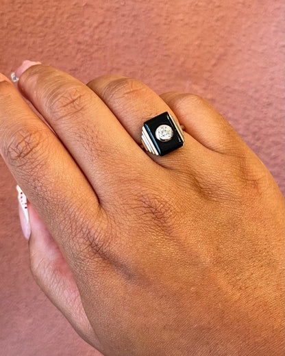 Bague Style Art-Déco Diamant 0.28 carat G/SI1 &amp; Onyx "Éliane" - Elliade Paris