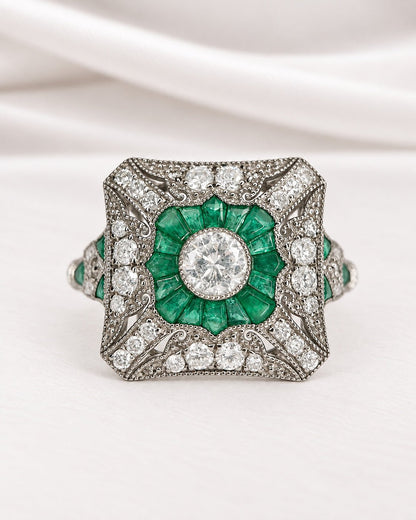 Bague Style Art-Déco Diamants 0.77 carat &amp; Émeraudes "Isolde" - Elliade Paris
