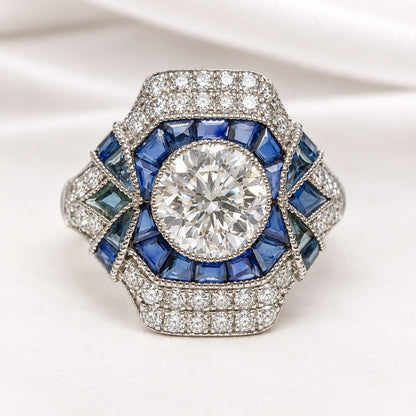 Bague Style Art-Déco Diamants 1.36 carat &amp; Saphirs 0.80 carat "Rim"