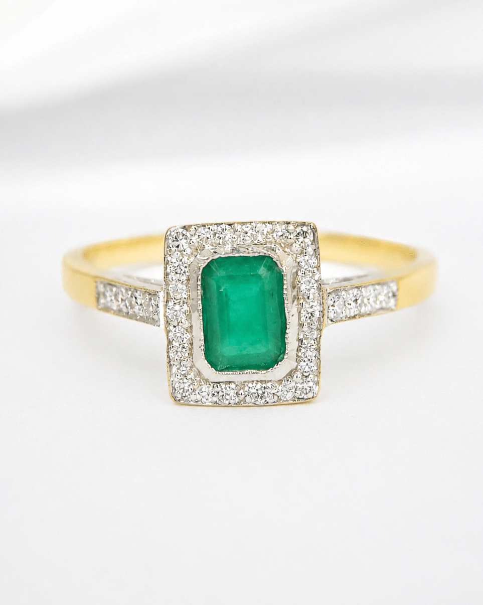 Bague Style Art-Déco Émeraude 0.60 carat &amp; Diamants 0.20 carat "Serafine" - Elliade Paris