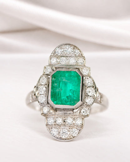 Bague Style Art-Déco Émeraude 2 carats &amp; Diamants 0.60 carat "Mathilde" - Elliade Paris
