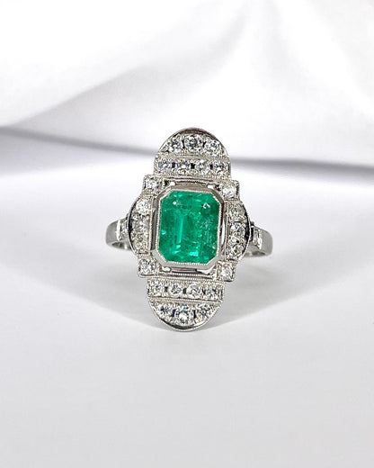 Bague Style Art - Déco Émeraude 2 carats &amp; Diamants 0.60 carat "Mathilde" - Elliade Paris
