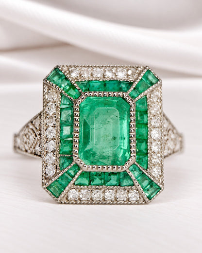 Bague Style Art-Déco Émeraudes 1.74 carat &amp; Diamants 0.24 carat "Océane" - Elliade Paris