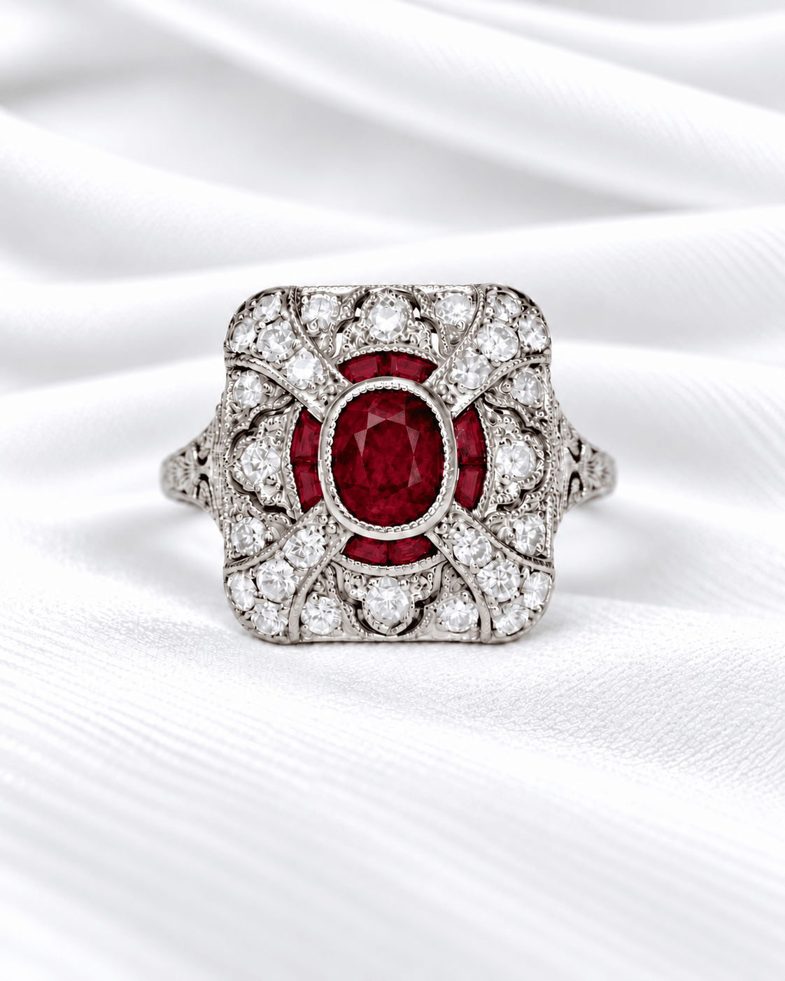 Bague Style Art-Déco Rubis du Mozambique 1.44 carat &amp; Diamants 0.52 carat "Charlotte" - Elliade Paris