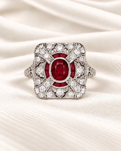 Bague Style Art-Déco Rubis du Mozambique 1.44 carat &amp; Diamants 0.52 carat "Charlotte" - Elliade Paris