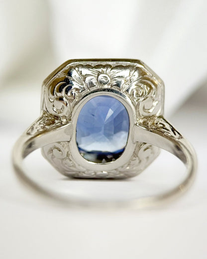 Bague Style Art-Déco Saphir Ceylan 3.07 carats &amp; Diamants 0.35 carat "Sofia" - Elliade Paris