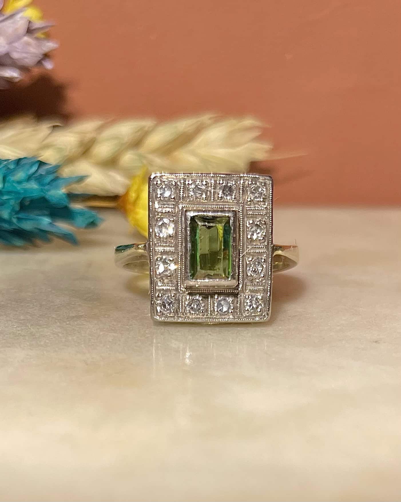 Bague style Art - Déco Tourmaline &amp; 12 Diamants "Savannah" - Elliade Paris