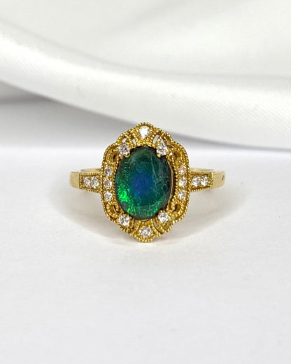 Bague Style Art Nouveau Opale Noire 0.81 carat &amp; Diamants "Cléophée" - Elliade Paris