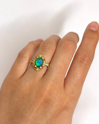 Bague Style Art Nouveau Opale Noire 0.81 carat &amp; Diamants "Cléophée" - Elliade Paris