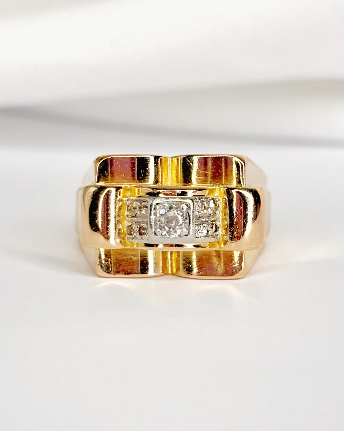 Bague Tank Diamants 0.20 carat, Platine &amp; Or Jaune 18 carats 6g "Claudine" - Elliade Paris