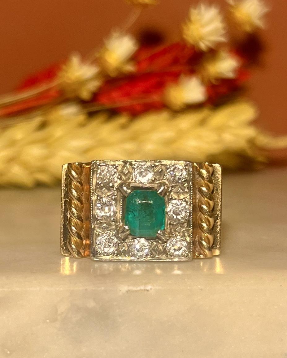 Bague Tank Emeraude &amp; Diamants "Vanathy" - Elliade Paris
