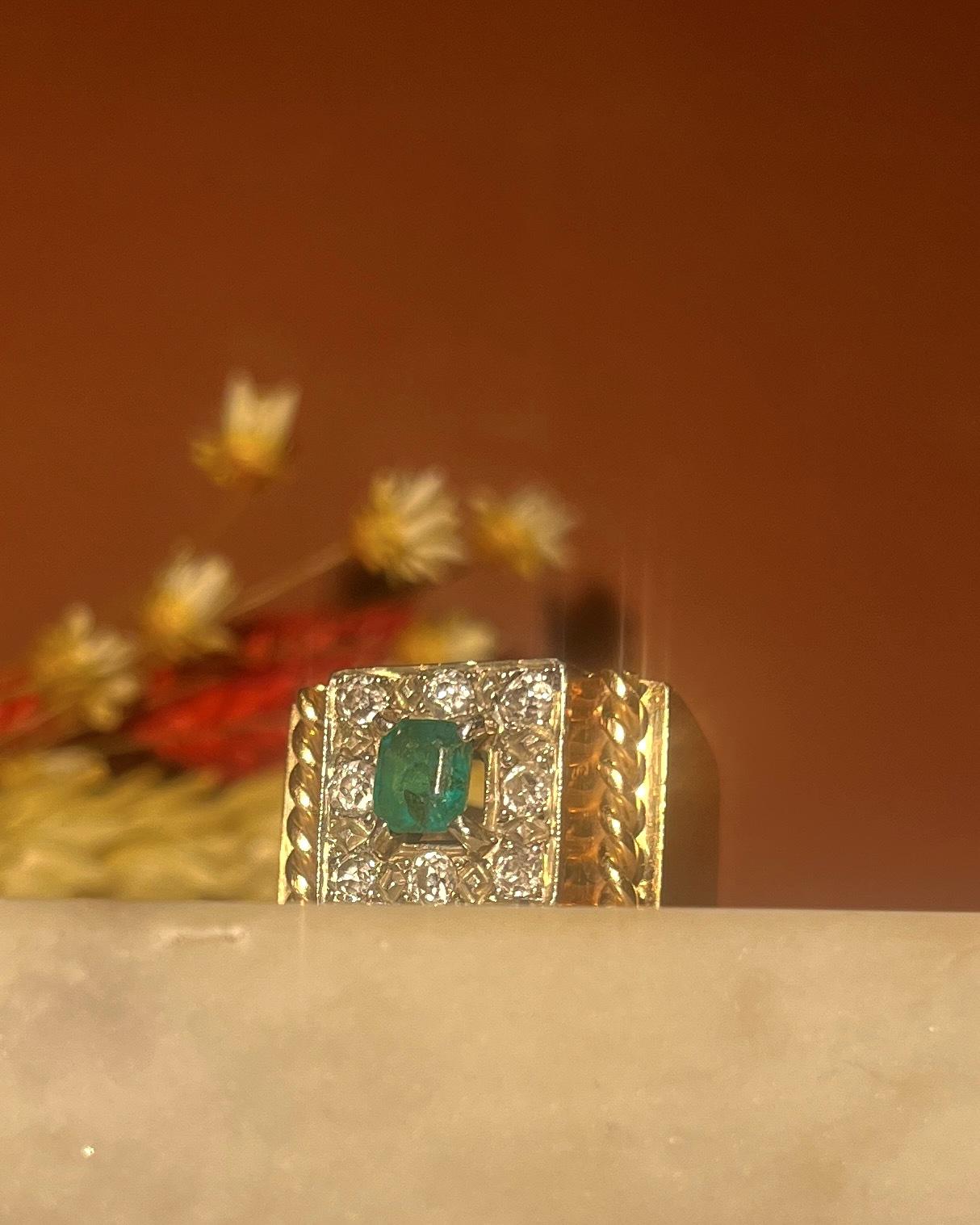 Bague Tank Emeraude &amp; Diamants "Vanathy" - Elliade Paris