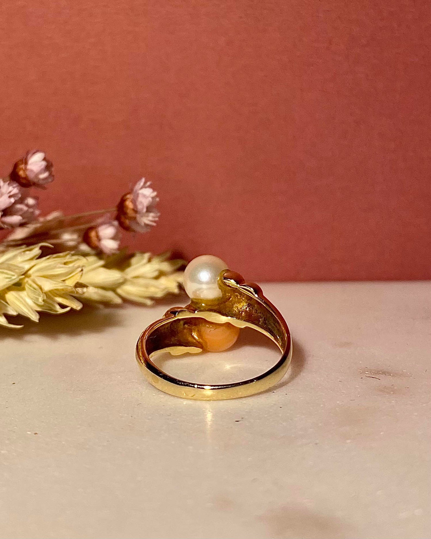 Bague Toi &amp; Moi Corail et Perle &quot;Hannan&quot;