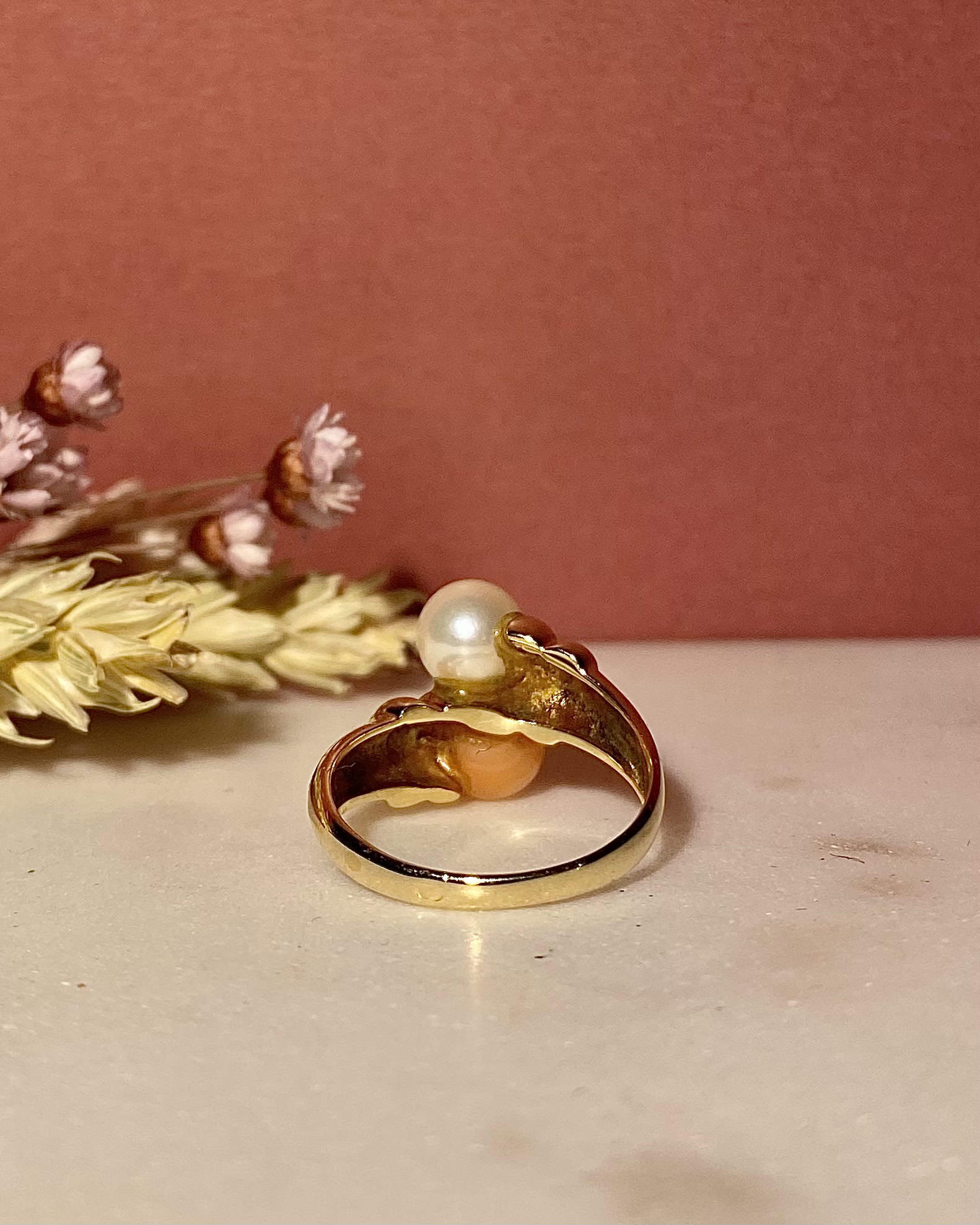 Bague Toi &amp; Moi Corail et Perle &quot;Hannan&quot;