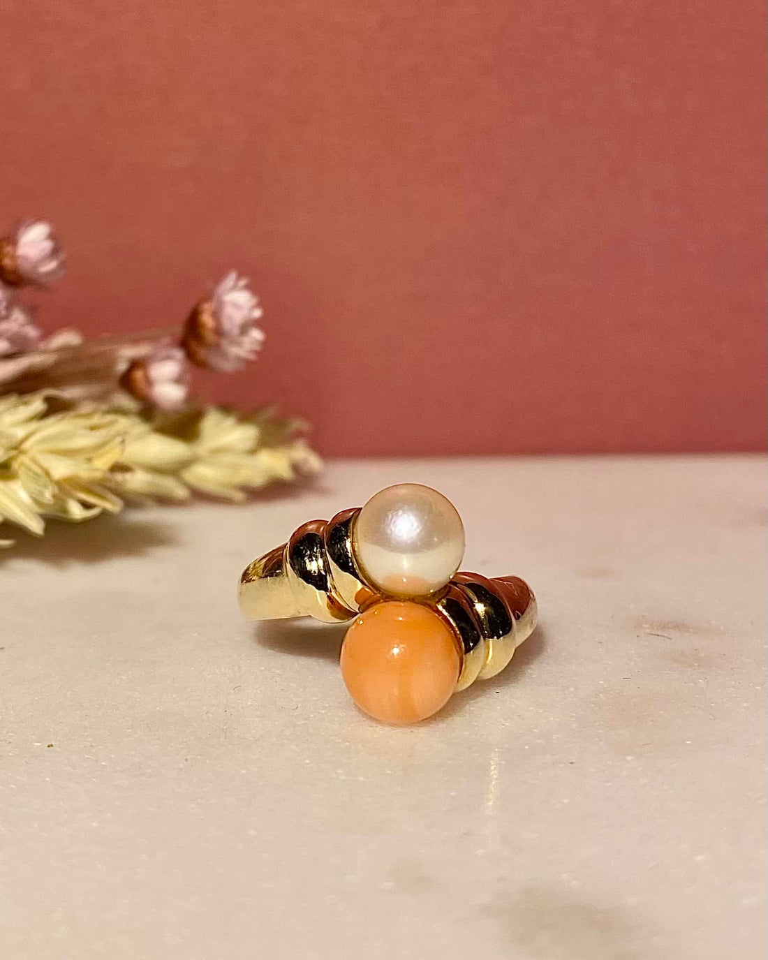 Bague Toi &amp; Moi Corail et Perle &quot;Hannan&quot;