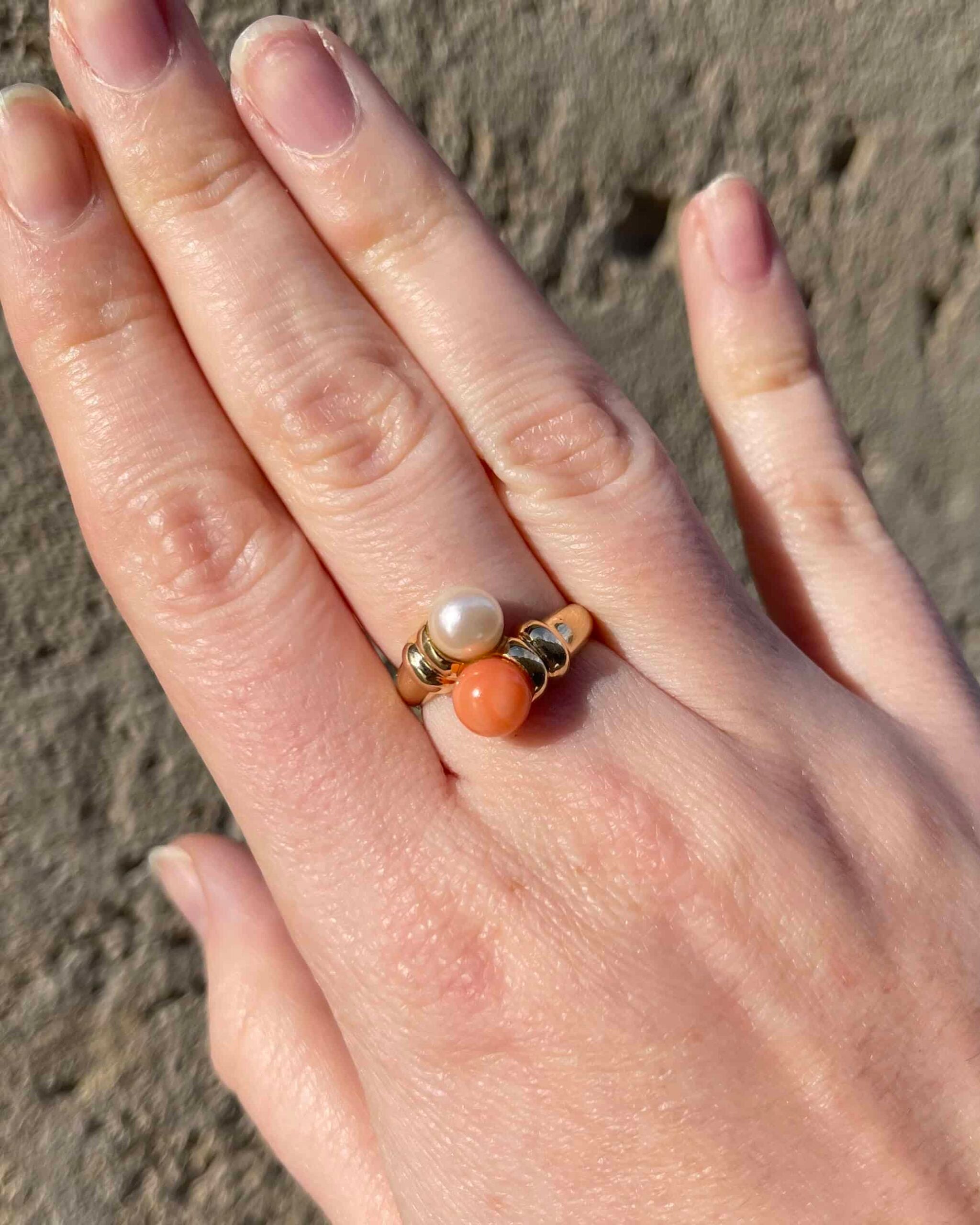Bague Toi &amp; Moi Corail et Perle &quot;Hannan&quot;