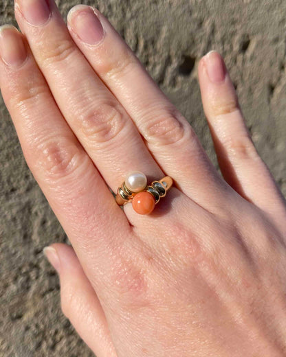 Bague Toi &amp; Moi Corail et Perle &quot;Hannan&quot;