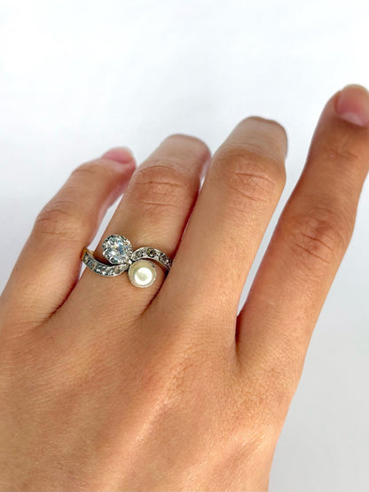 Bague Toi &amp; Moi Art - nouveau Perle &amp; Diamants "Pauline" - Elliade Paris