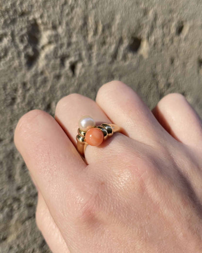 Bague Toi &amp; Moi Corail et Perle &quot;Hannan&quot; - Elliade Paris