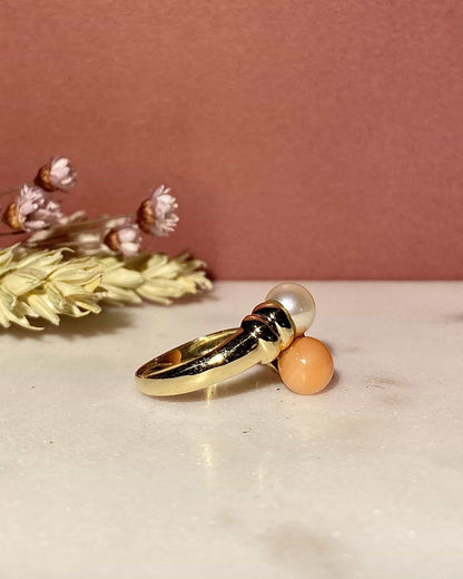 Bague Toi &amp; Moi Corail et Perle &quot;Hannan&quot; - Elliade Paris