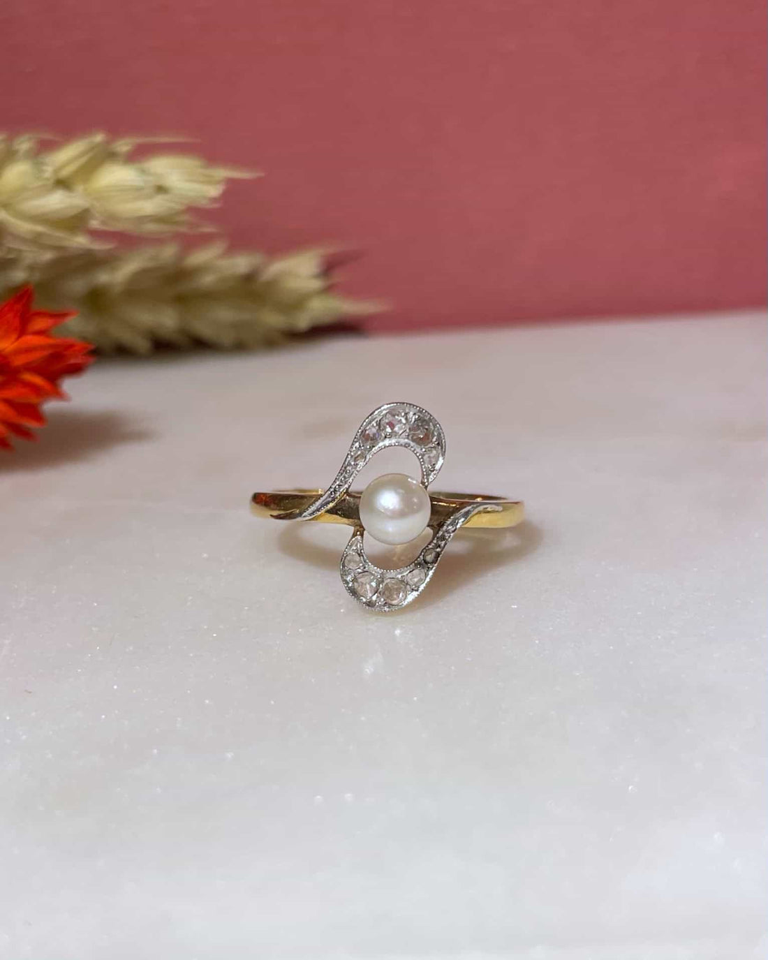 Vintage Swirl Pearl and Diamond Ring &quot;Hiba&quot;
