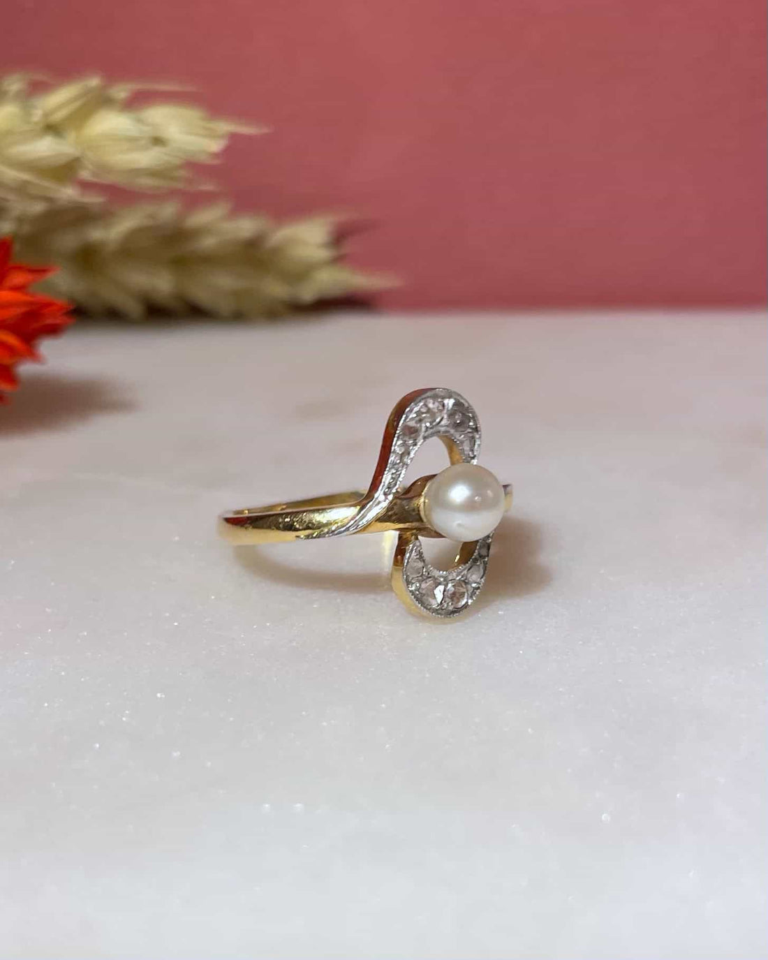 Vintage Swirl Pearl and Diamond Ring &quot;Hiba&quot;