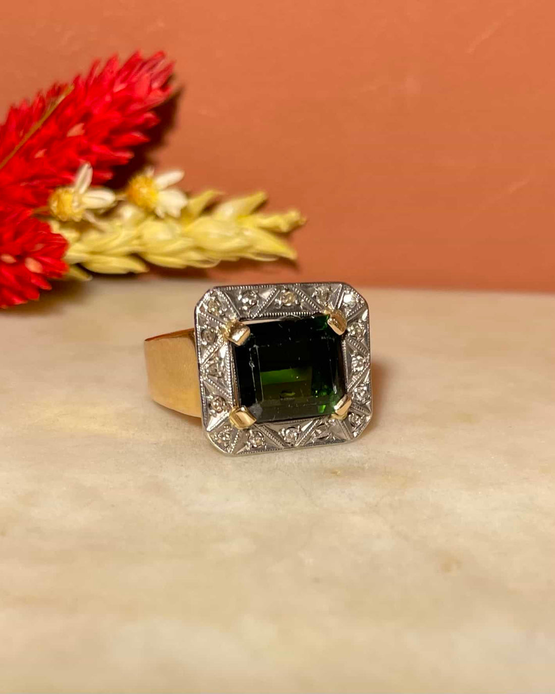 Art Deco Style Tourmaline Signet Ring &quot;Saray&quot;