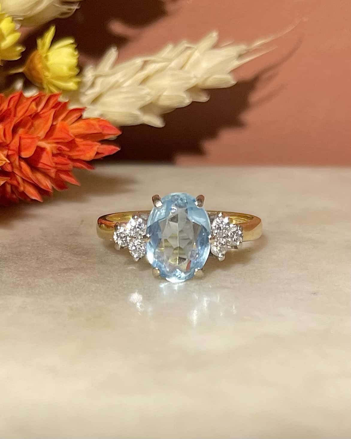 Bague Trilogie Aigue - Marine 1.25 carat &amp; diamants "Diana" - Elliade Paris