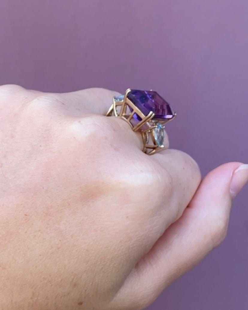 Bague Trilogie Améthyste 14.3 carats &amp; Aigue - Marine 0.62 carat "Lucia" - Elliade Paris