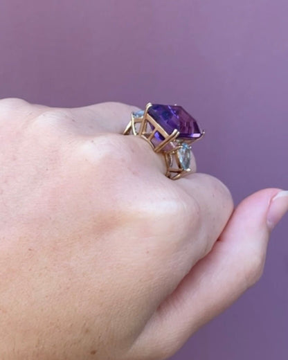 Bague Trilogie Améthyste 14.3 carats &amp; Aigue - Marine 0.62 carat &quot;Lucia&quot; - Elliade Paris