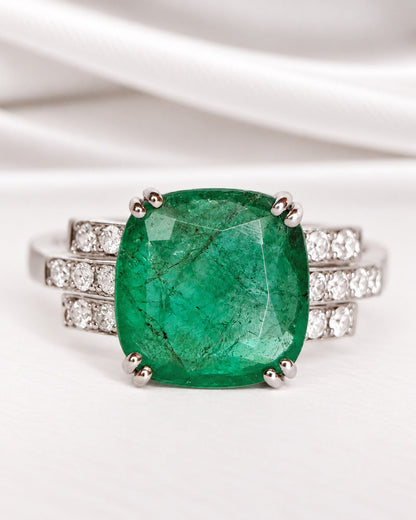 Bague Trilogie Émeraude 3.28 carats &amp; Diamants 4.56g "Branar" - Elliade Paris
