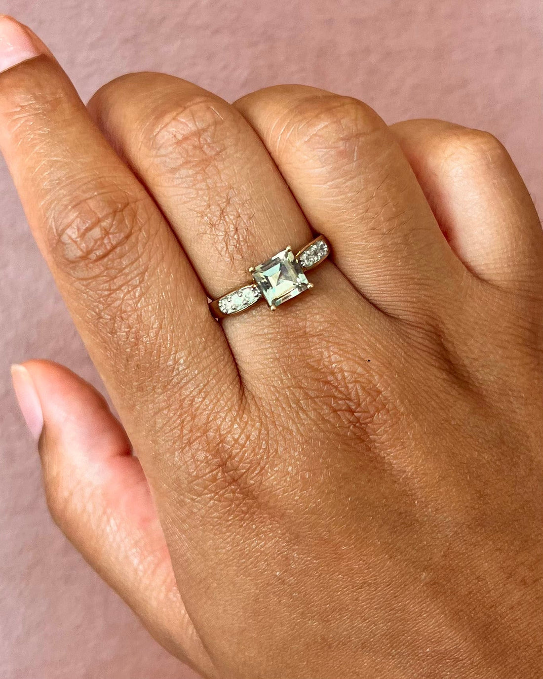 Bague Trilogie Quartz Prasiolite 1.20 carat &amp; Diamants "Ava" - Elliade Paris