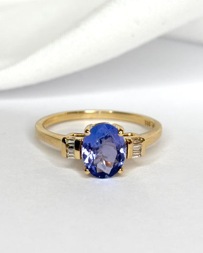 Bague Trilogie Tanzanite 1.40 carat &amp; Diamants Baguette "Violette" - Elliade Paris