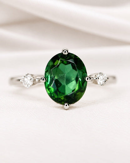 Bague Trilogie Tourmaline Verte 1.79 carat &amp; Diamants "Yolanda" - Elliade Paris