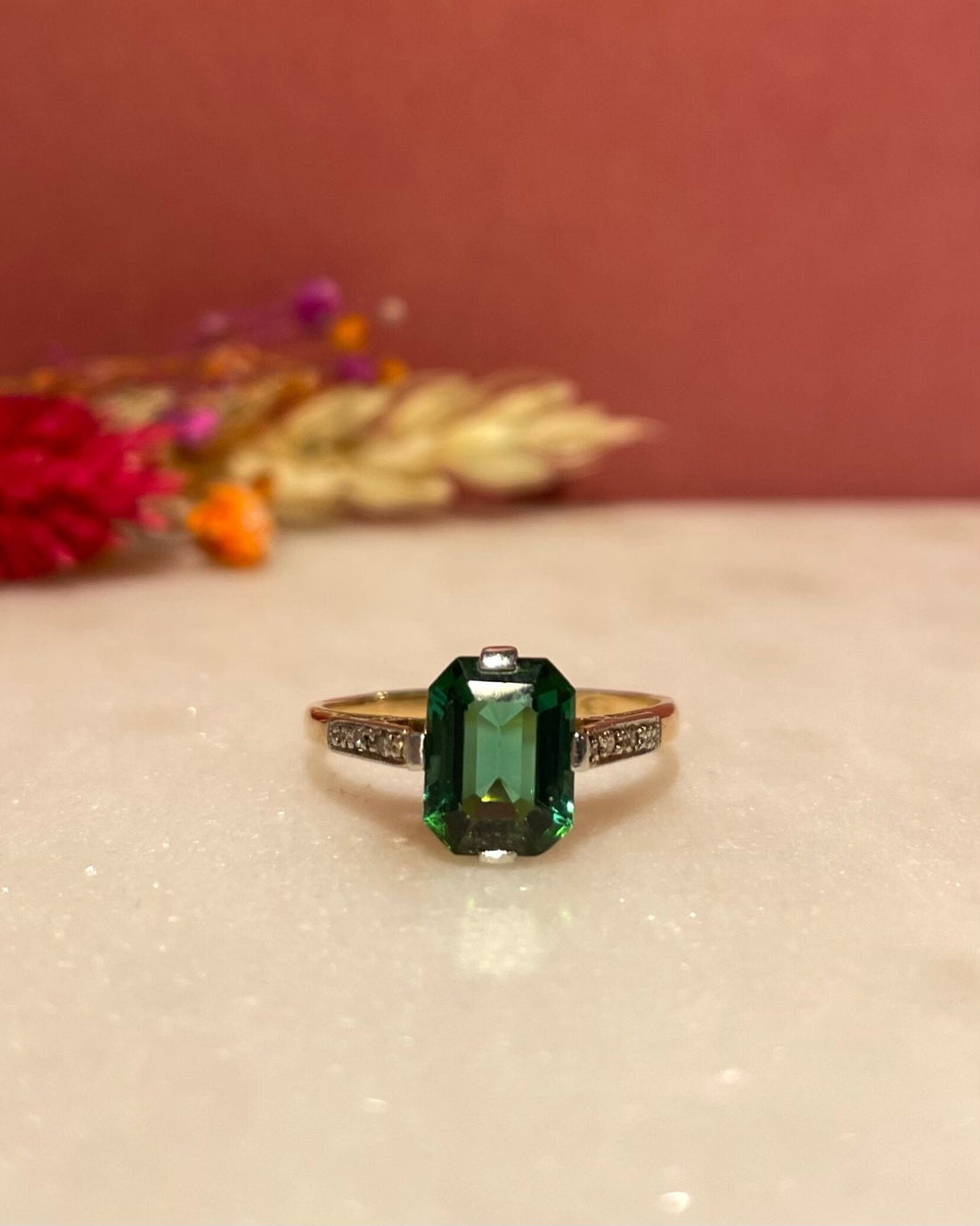Bague Trilogie Tourmaline Verte &amp; Diamants &quot;Jenny&quot; - Elliade Paris