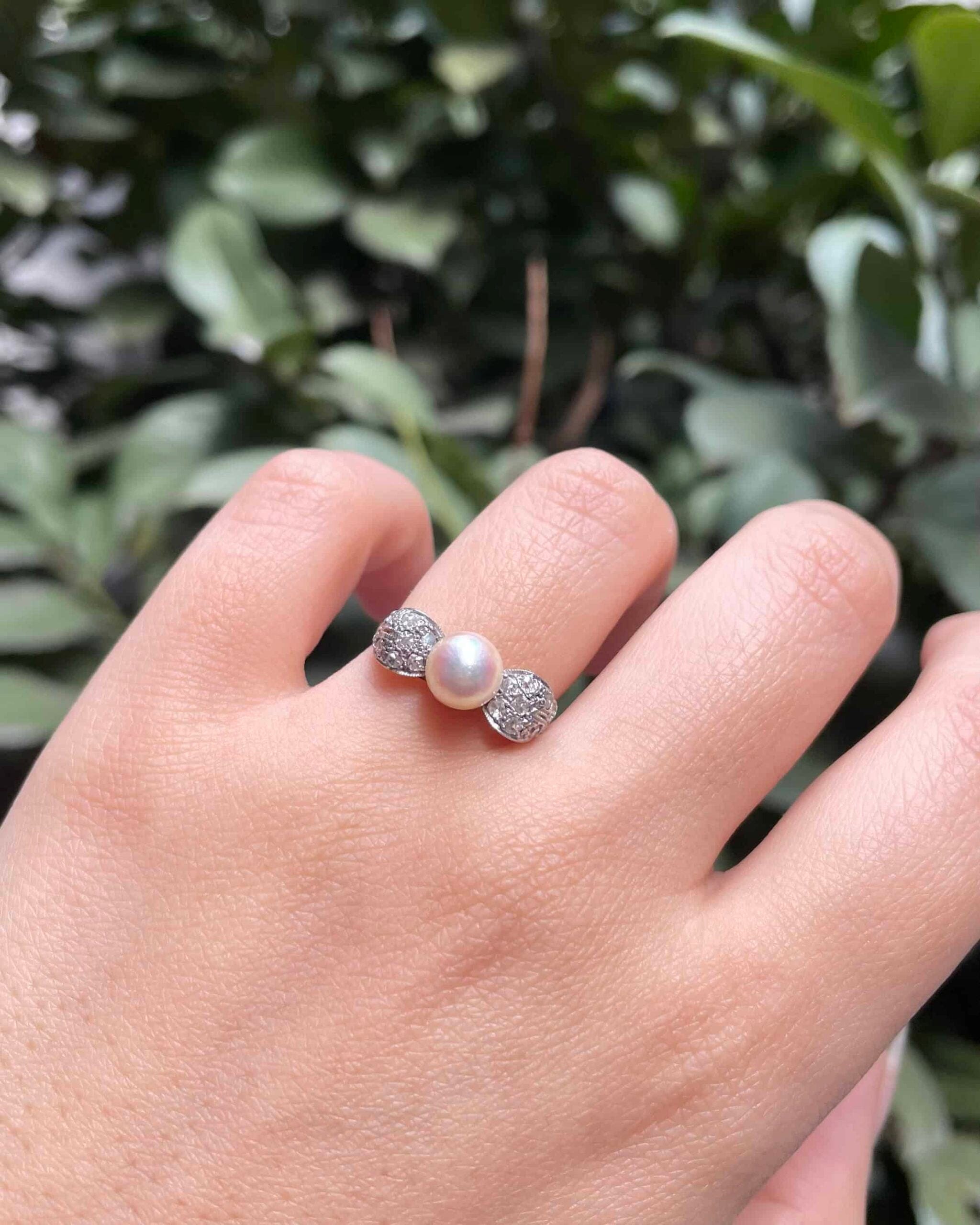 Bague Vintage Art-Déco Nœud Perle &amp; Diamants "Nora"