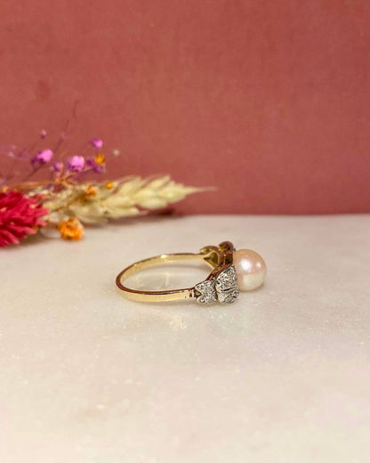 Bague Vintage Art - Déco Nœud Perle &amp; Diamants &quot;Nora&quot; - Elliade Paris