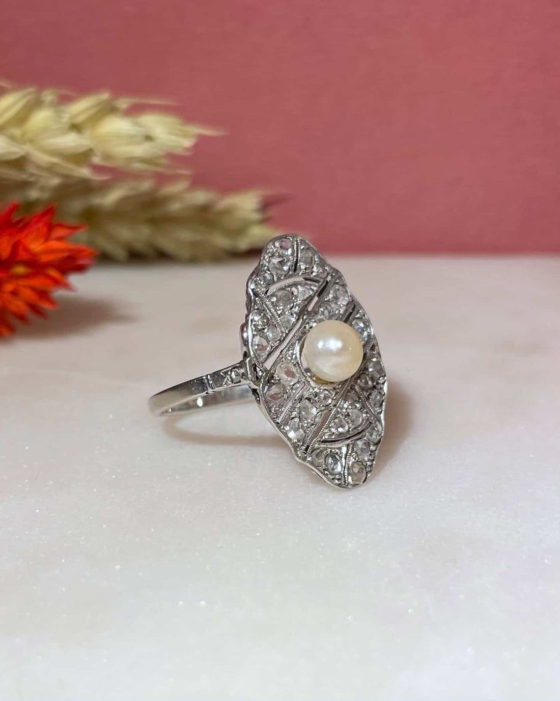 Bague Art-Déco Perle &amp; 34 Diamants &quot;Sohana&quot;