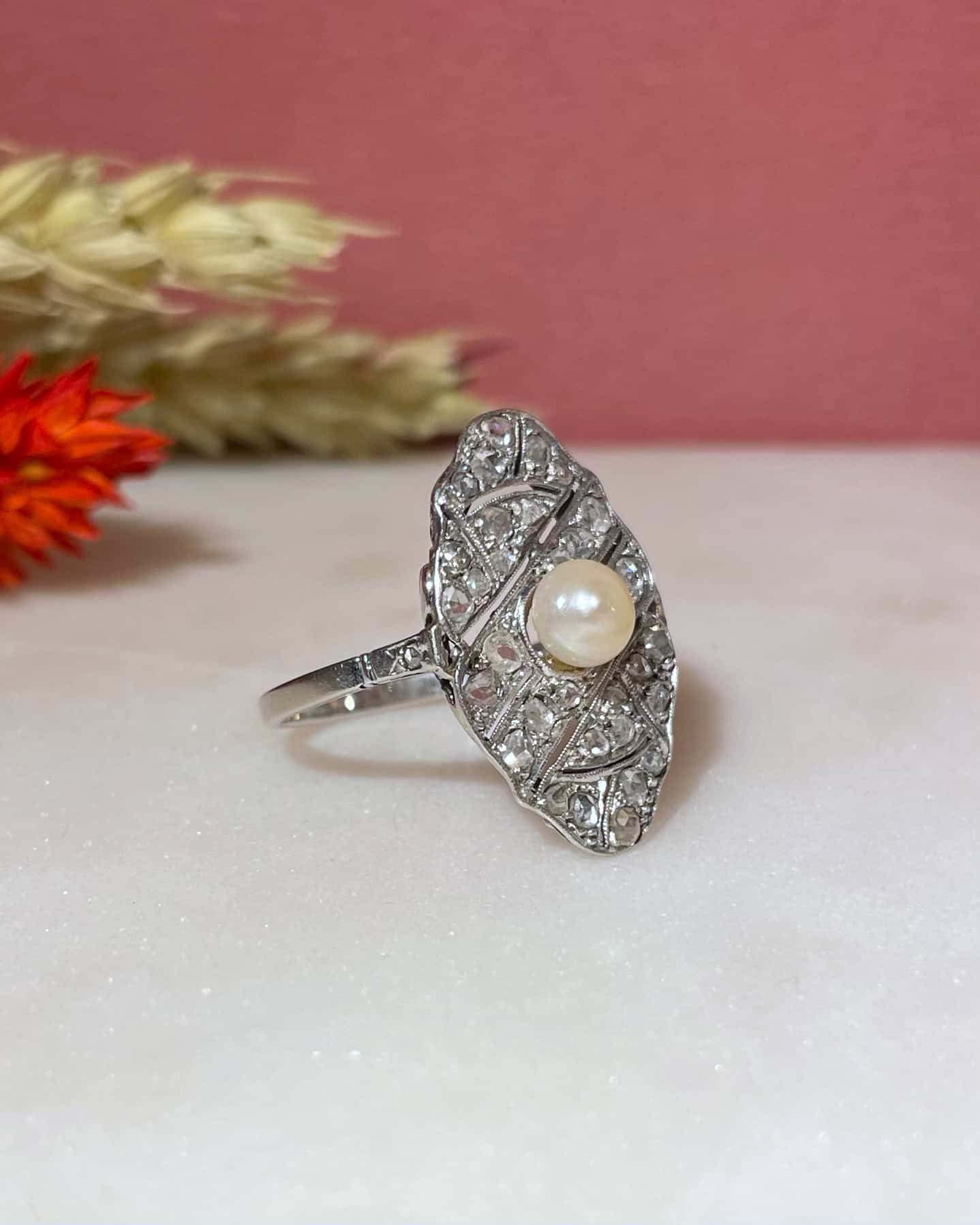 Bague Art-Déco Perle &amp; 34 Diamants "Sohana"