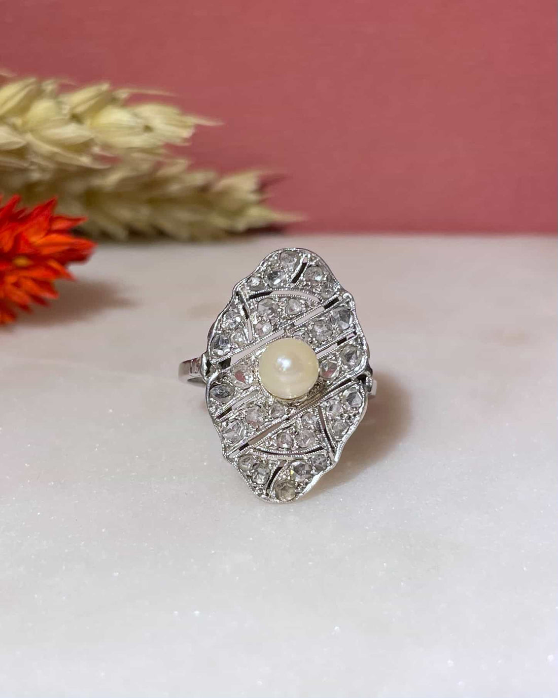 Bague Art-Déco Perle &amp; 34 Diamants &quot;Sohana&quot;