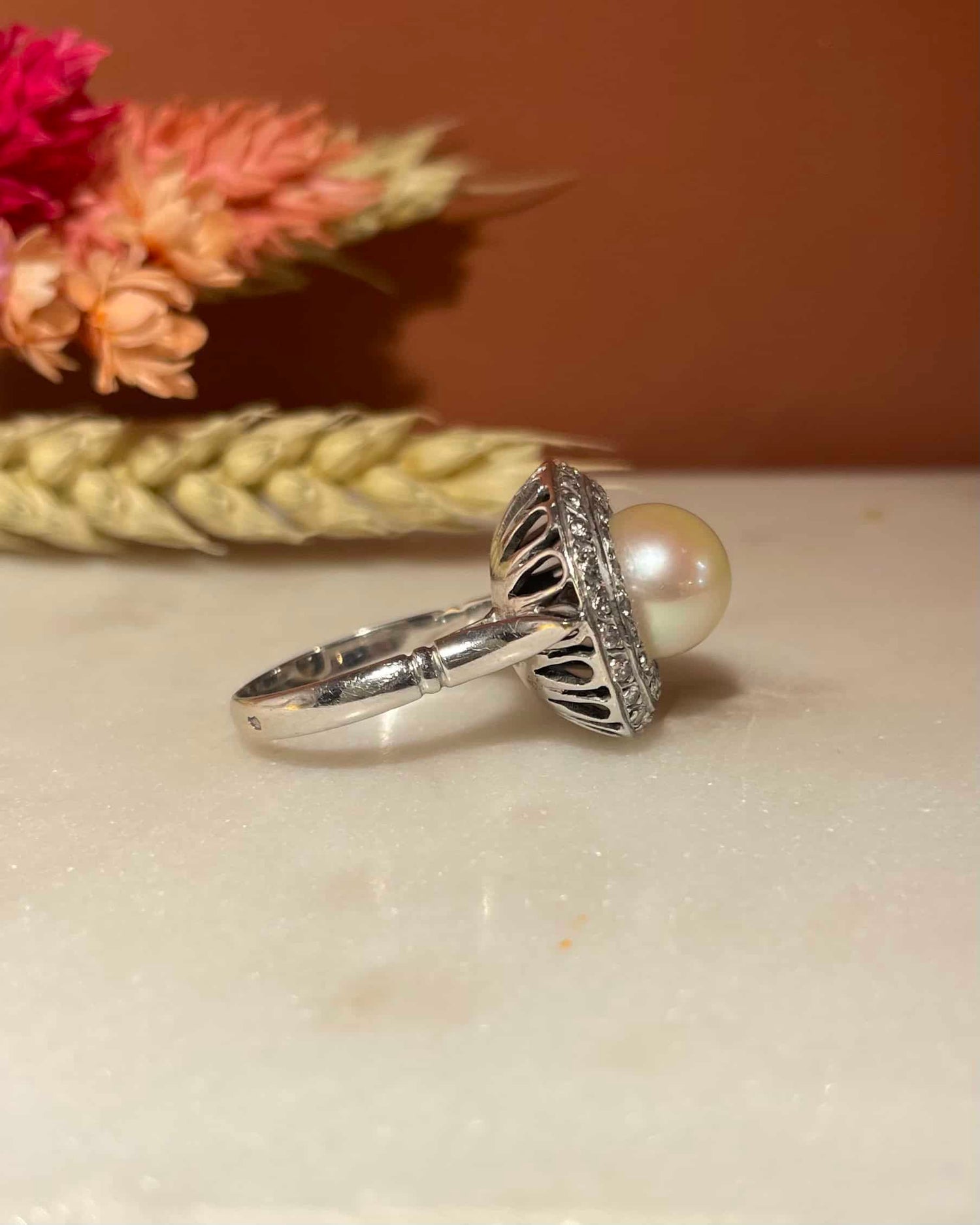 Bague Art-Déco Perle &amp; 42 Diamants &quot;Lucinda&quot;