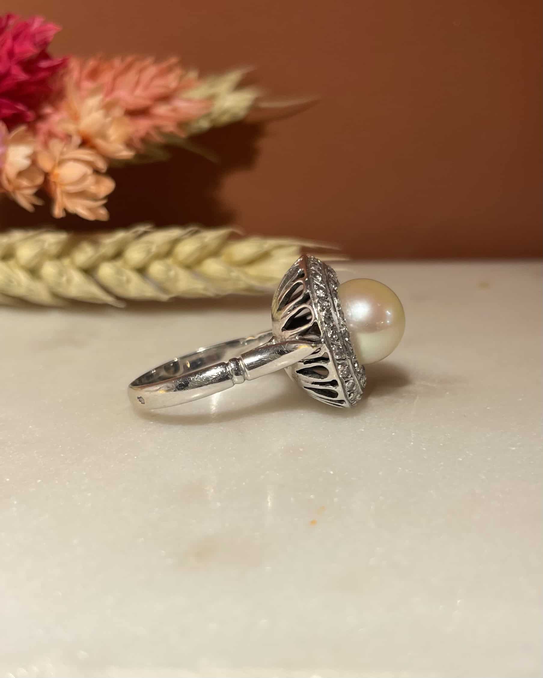 Bague Art-Déco Perle &amp; 42 Diamants "Lucinda" - Elliade Paris