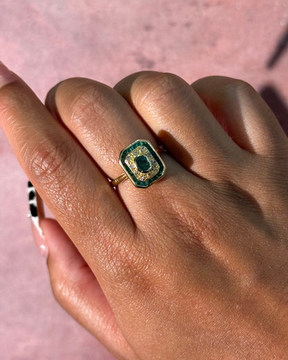 Anillo estilo art déco con esmeraldas de 0.51 quilates y diamantes, 4.89g "Estelle"