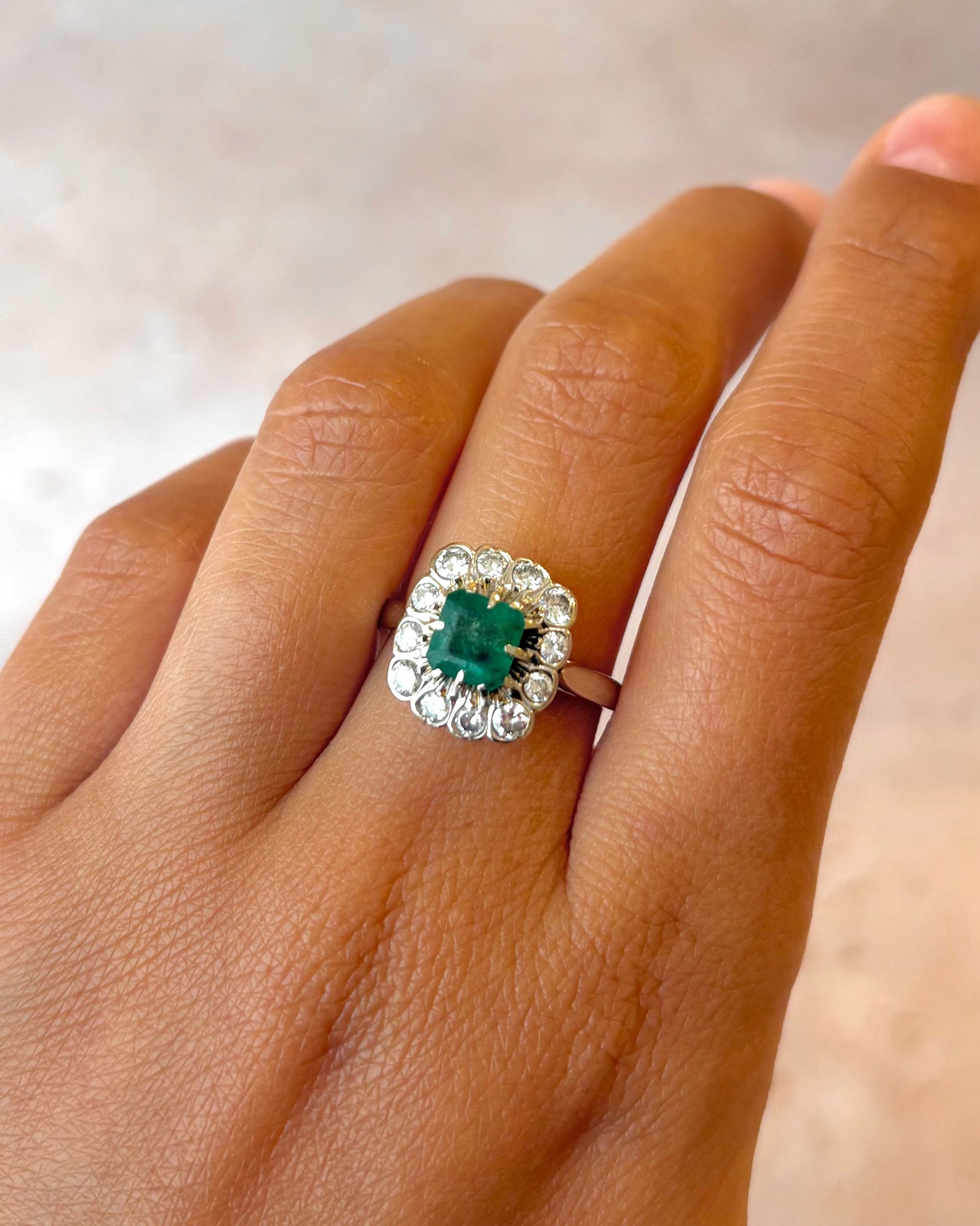 Emerald Daisy Ring 1.15 Carat, Diamonds 0.60 Carat &amp; Gold 4.63g "Melania"