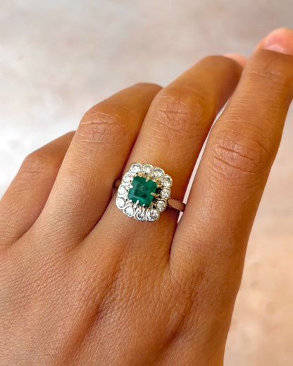Emerald Daisy Ring 1.15 Carat, Diamonds 0.60 Carat &amp; Gold 4.63g "Melania"