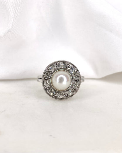 Bague Marguerite Art Déco Diamants 0.40 carat &amp; Perle &quot;Elina&quot;