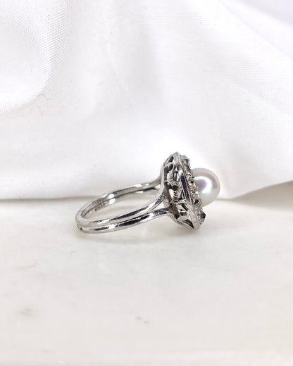 Bague Marguerite Art Déco Diamants 0.40 carat &amp; Perle &quot;Elina&quot;