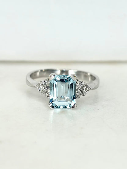 Bague Trilogie Style Art-déco Aigue-Marine &amp; Diamants &quot;Angelia&quot;